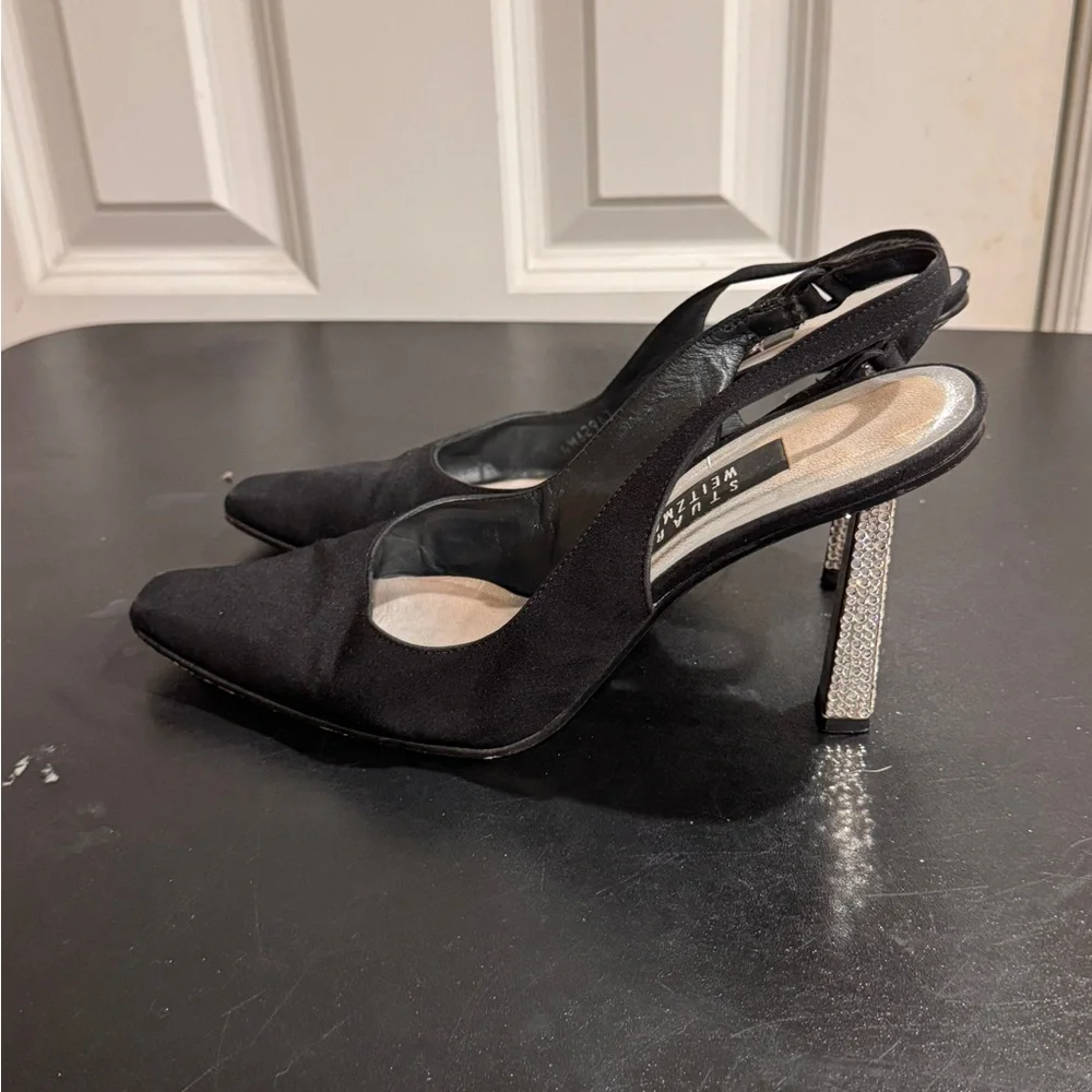Stuart Weitzman Black satin and Silver rhinestone Embellished Heels size 9 b
